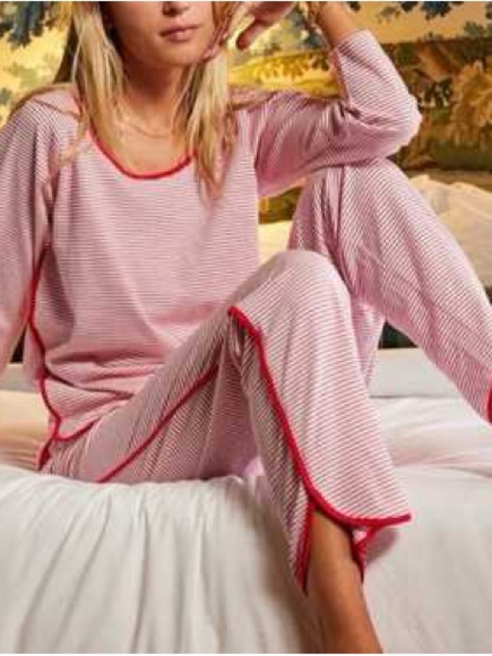 Lake Womens Red Striped Sleep Top 3/4 Sleeve Lounge Pima Cotton Classic Prep